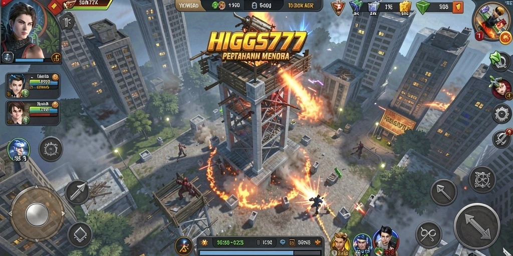 Screenshot HIGGS777 menunjukkan aksi seru dalam melindungi menara dari musuh.