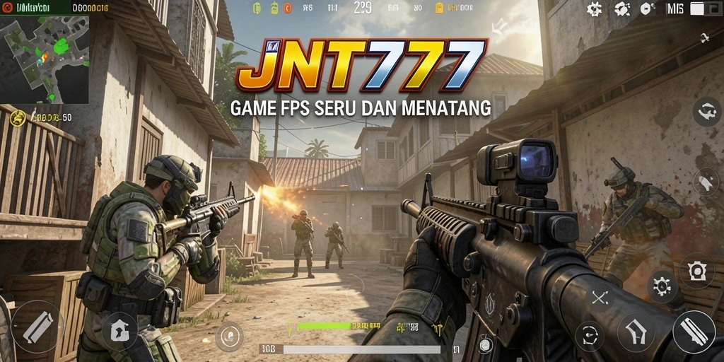 Tangkapan layar JNT777 menampilkan aksi gameplay FPS yang intens.