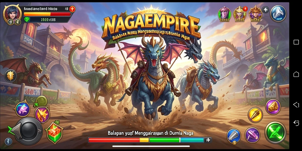 Screenshot gameplay NAGAEMPIRE dengan balapan seru dan mobil yang menawan.