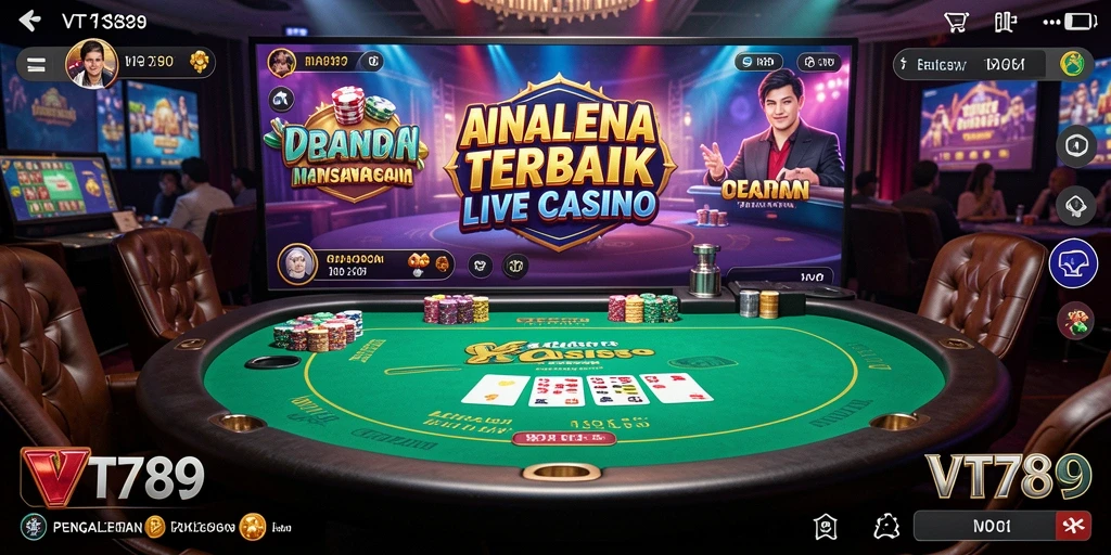 Screenshot gameplay VT789 menampilkan dealer yang ramah dan suasana kasino yang menegangkan.