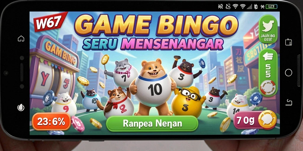 Screenshot W67 menunjukkan gameplay Bingo yang mendebarkan.